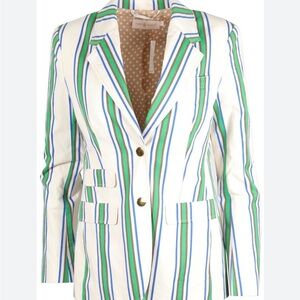 Tory Burch White Striped Cotton Blazer with Blue and Green Accents